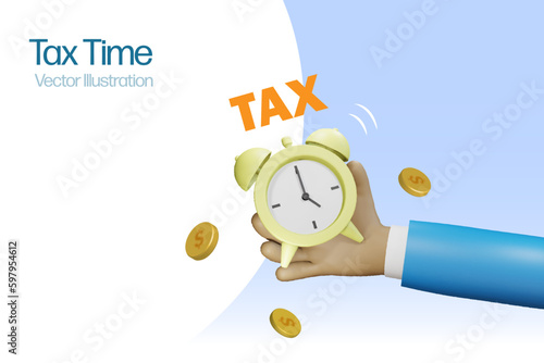 Tax time reminder. Businessman hand hold alarm clock for income tax notification. 3D Vector.