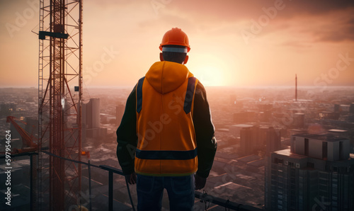 Male engineer wearing orange vest and cask stands at the top of the building being built. Rear view of a construction worker looking at the city view. Generative AI. photo