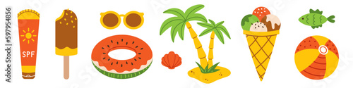 Vector beach holiday set in flat design. Colorful summer collection with ice cream, sunscreen, sunglasses, palm tree, beach ball, fish, seashell and watermelon swimming rubber ring. Island relaxation.