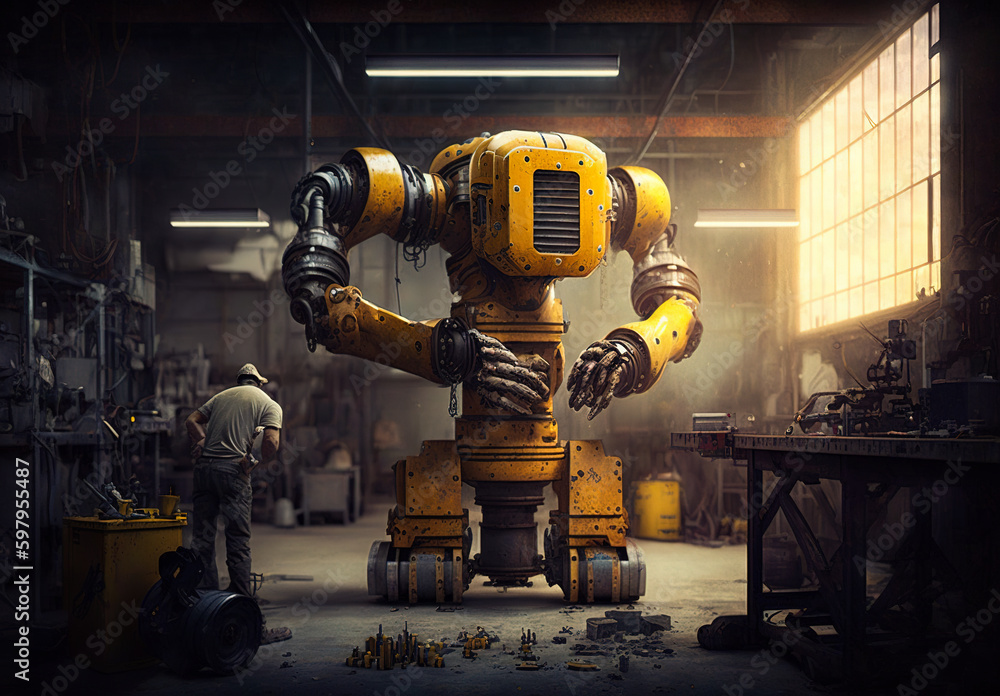 Big awkward yellow robot with massive hands and ugly fingers. Robotic machine helping human in the workshop. Generative AI. - obrazy, fototapety, plakaty 