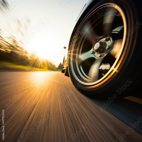 Wheel tire in quick rotation during driving. Fast car running by the road at sunset. Close up. Generative AI. © Vadim
