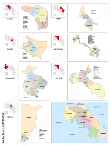 Administrative vector map of the Central American state of Costa Rica