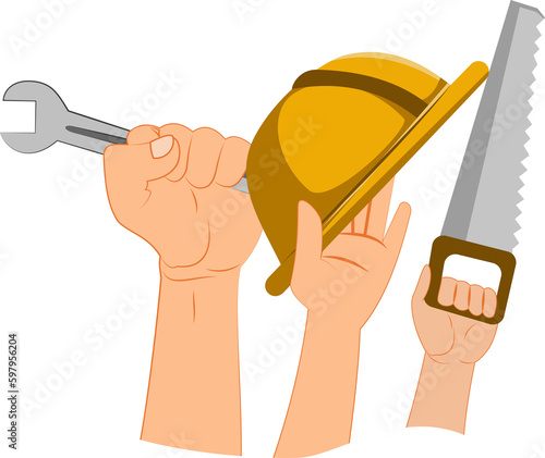 hand hold helmet project. hand hold wrench. hand hold chainsaw. labor day illustration background. craftsman. laborer. mechanic. worker