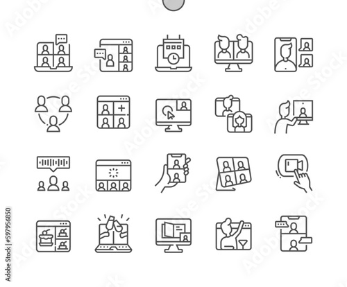 Virtual event. Online video meeting. Teleconference. Business presentation. Add user. Pixel Perfect Vector Thin Line Icons. Simple Minimal Pictogram