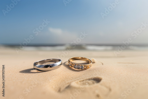 Two wedding rings in the sand on the background of a beach and sea