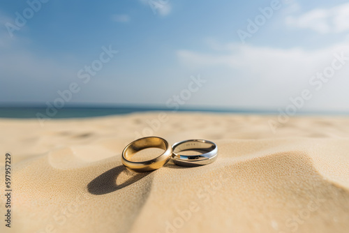 Two wedding rings in the sand on the background of a beach and sea. Created with Generative AI Technology