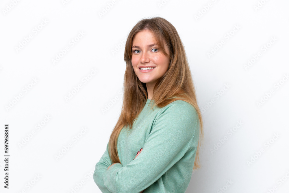 Young caucasian woman isolated on white background with arms crossed and looking forward Young caucasian woman isolated on white background with arms crossed and looking forward