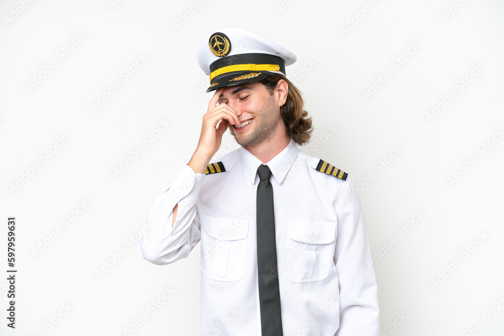 handsome Airplane pilot isolated on white background laughing handsome Airplane pilot isolated on white background laughing