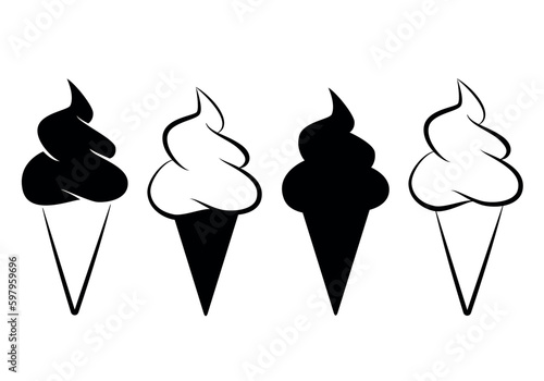 ice cream - set of black and white symbol of soft serve ice creams in a cone, vector illustration isolated on white