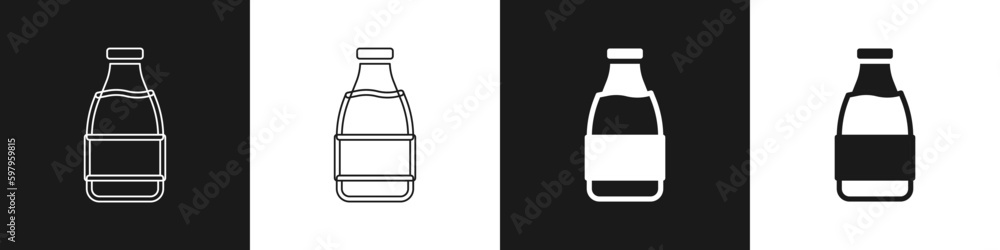 Set Closed glass bottle with milk icon isolated on black and white background. Vector Set Closed glass bottle with milk icon isolated on black and white background. Vector