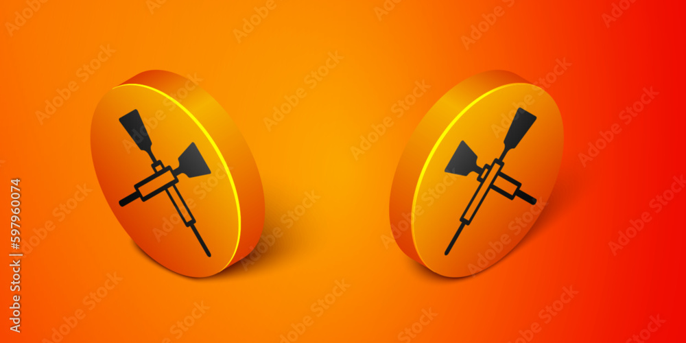 Isometric Crossed oars or paddles boat icon isolated on orange background. Orange circle button. Vector Isometric Crossed oars or paddles boat icon isolated on orange background. Orange circle button. Vector