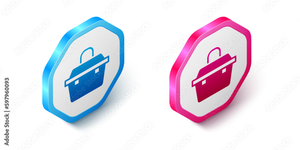 Isometric Case or box container for wobbler and gear fishing equipment icon isolated on white background. Fishing tackle. Hexagon button. Vector Isometric Case or box container for wobbler and gear fishing equipment icon isolated on white background. Fishing tackle. Hexagon button. Vector