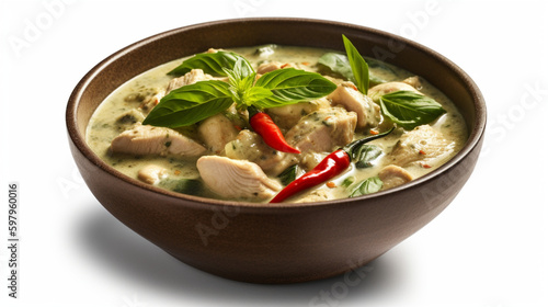 A Chicken green Curry in a bowl isoated on white, generative ai