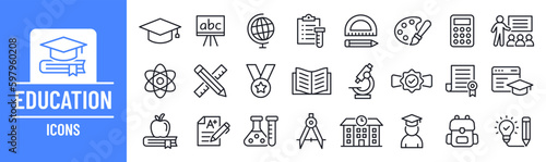 Education icon collection. Containing Learning, study, knowledge, student and school icons. Outline icon set. Vector illustration.