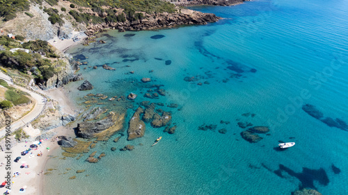 aerial view of the beach of masua di iglesias with its wonderful crystalline waters
