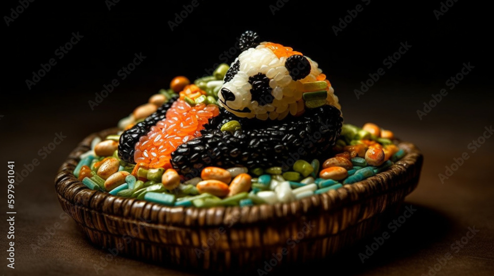 Food art of a Panda Sleeping made out of sushi rice , generative ai