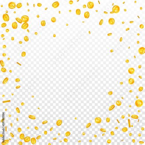 American dollar coins falling. Scattered gold USD