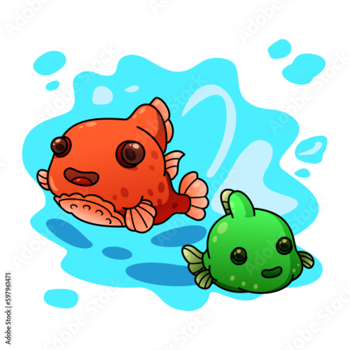 Vector illustration of orange lumpfish and green lumpfish in cute cartoon style