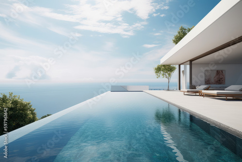 Tropical Home Island Villa House With Modern Infinity Swimming Pool And Blue Sky - Generative AI Image © StockBox