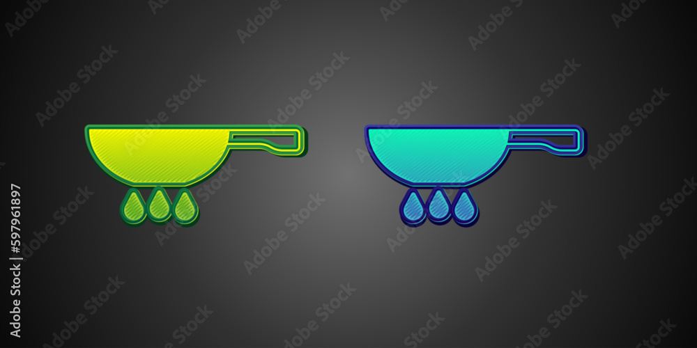 Green and blue Frying pan on fire icon isolated on black background. Fry or roast food symbol. Vector Green and blue Frying pan on fire icon isolated on black background. Fry or roast food symbol. Vector