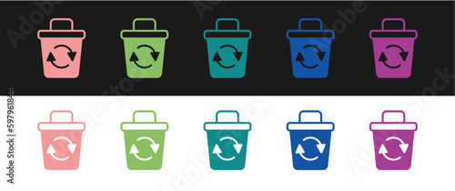 Set Recycle bin with recycle symbol icon isolated on black and white background. Trash can icon. Garbage bin sign. Recycle basket sign. Vector