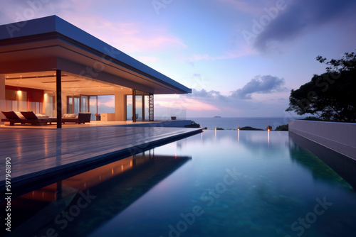 Tropical Home Island Villa House With Modern Infinity Swimming Pool At Twilight - Generative AI Image © StockBox