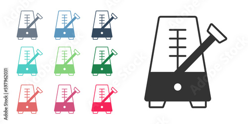 Black Classic Metronome with pendulum in motion icon isolated on white background. Equipment of music and beat mechanism. Set icons colorful. Vector
