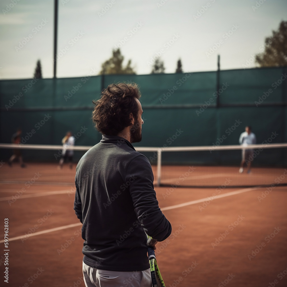 Rear view of a male tennis player standing on a tennis court