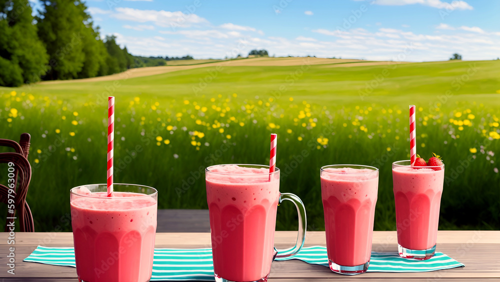 A delicious and refreshing strawberry milkshake in a table with nature background 