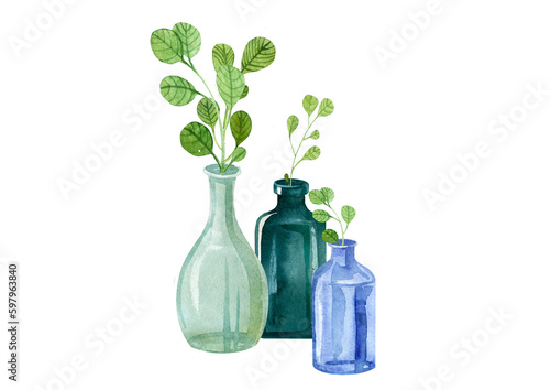 isolated, glass bottles painted by hand in watercolor, glass bottles with green twigs painted by hand techniques. grass vases,