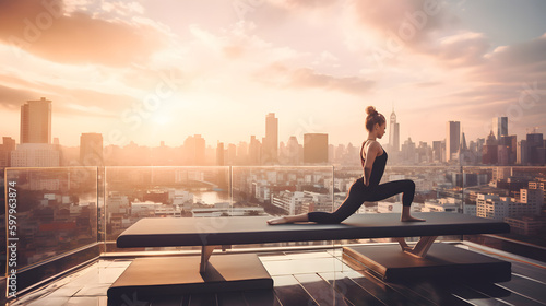  A person doing Pilates on a rooftop terrace with a stunning cityscape view in the background, generative AI