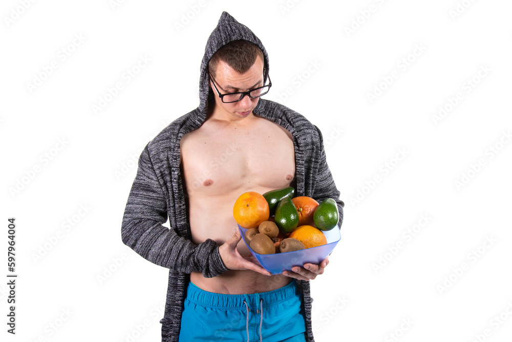 Sports and diet. Attractive man and healthy lifestyle. White background. Sports and diet. Attractive man and healthy lifestyle. White background.