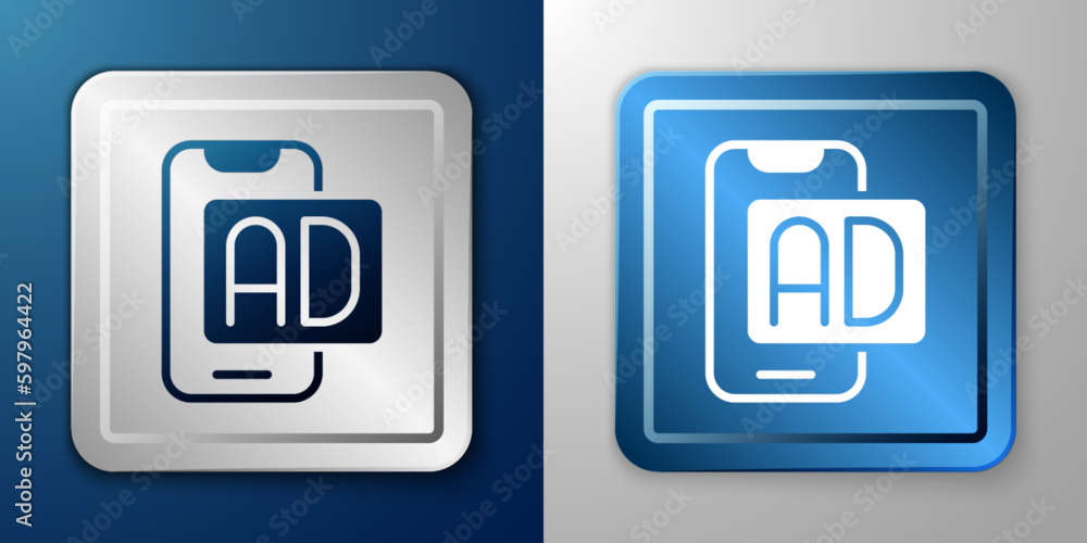 White Advertising icon isolated on blue and grey background. Concept of marketing and promotion process. Responsive ads. Social media advertising. Silver and blue square button. Vector