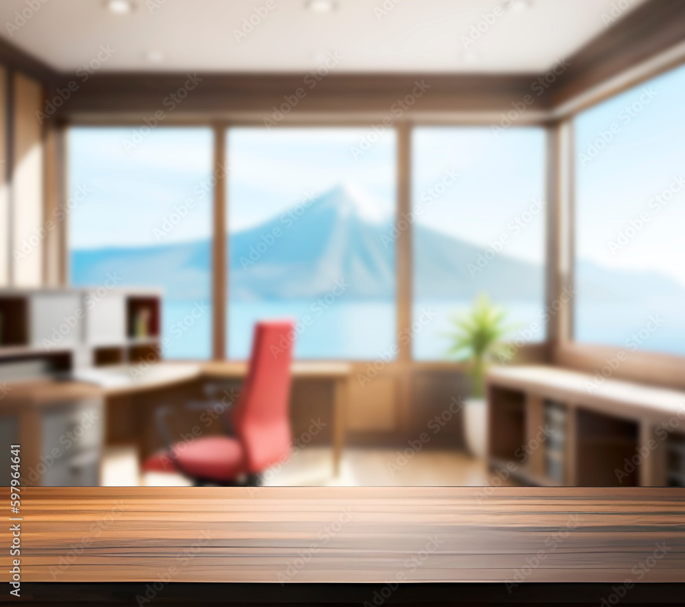 A wooden desk table top in a dispatch with blurred background A wooden desk table top in a dispatch with blurred background