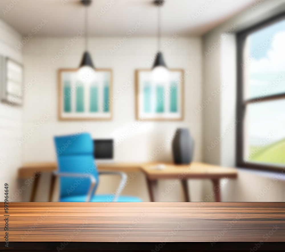 A wooden desk table top in a dispatch with blurred background A wooden desk table top in a dispatch with blurred background