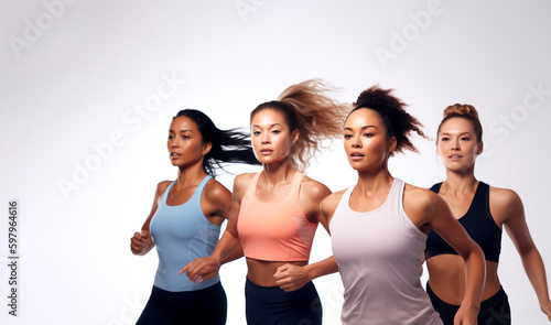 Group of  women jogging, promoting body positivity and a healthy lifestyle, mixed ethnicity. Isolated on white background. Shallow depth of field, Illustrative Generative AI. Not real people.