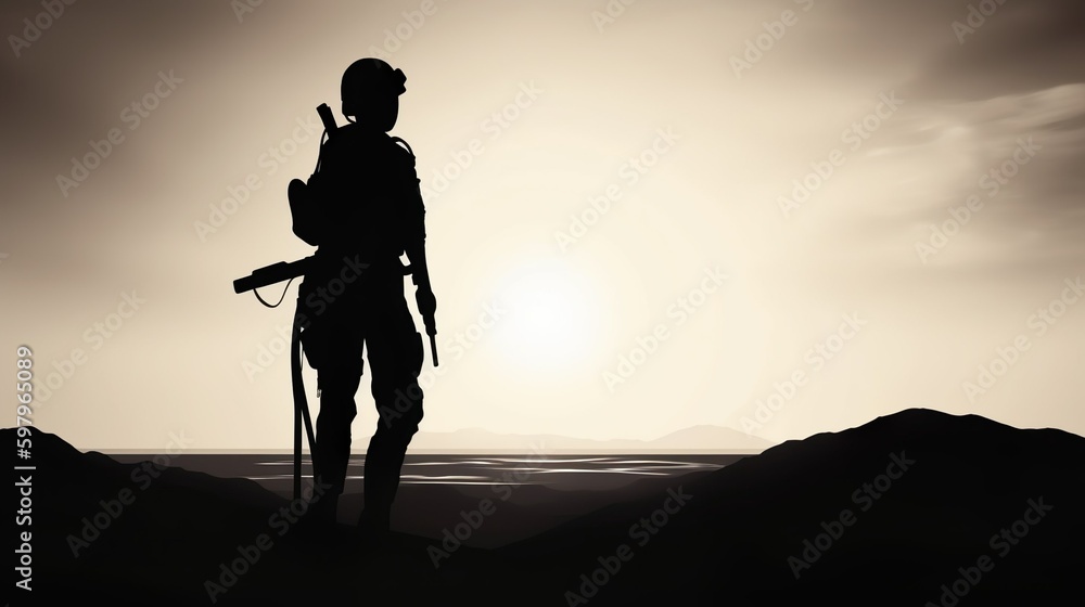 A young female soldier stands in a vast desert