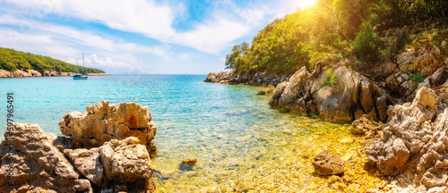 Fototapeta Naklejka Na Ścianę i Meble -  Awesome view of the tropical blue lagoon on a sunny day. Cres island, Croatia, Europe.