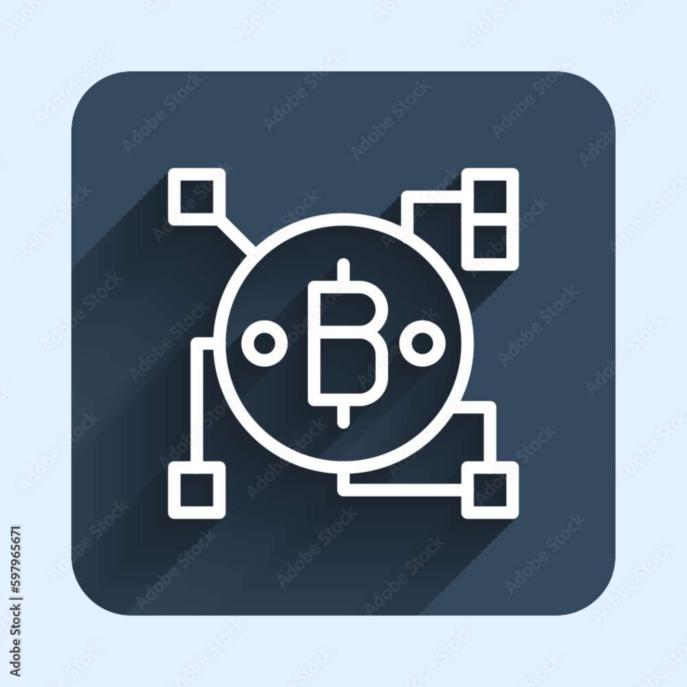 White line Blockchain technology Bitcoin icon isolated with long shadow background. Abstract geometric block chain network technology business. Blue square button. Vector White line Blockchain technology Bitcoin icon isolated with long shadow background. Abstract geometric block chain network technology business. Blue square button. Vector