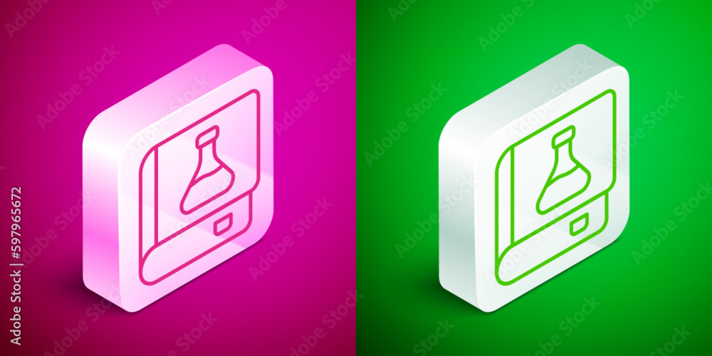 Isometric line Chemistry book icon isolated on pink and green background. Silver square button. Vector Isometric line Chemistry book icon isolated on pink and green background. Silver square button. Vector