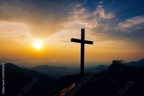 The cross of God in the rays of the sun. Cross on the hill. Religious concept