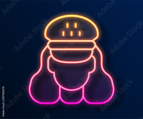 Glowing neon line Taxi driver icon isolated on black background. Vector