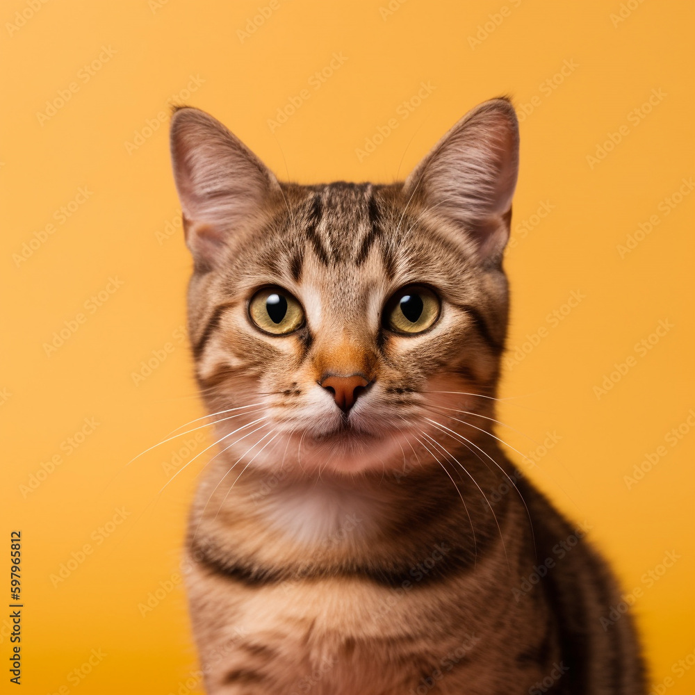 Cat infront of a solid background, cat looking in to the camera, colorful background