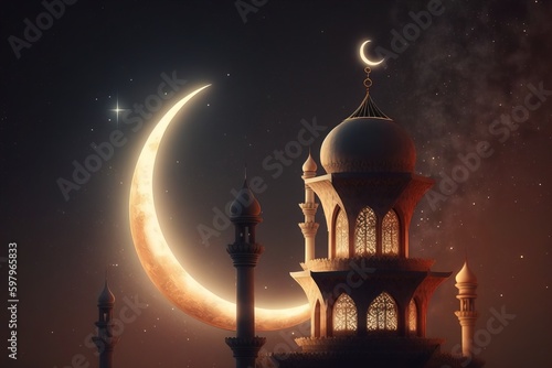 Crescent moon sky on dark blue dusk over Islamic mosque silhouette