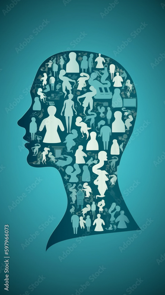A head with a silhouette of a person with many different icons A head with a silhouette of a person with many different icons