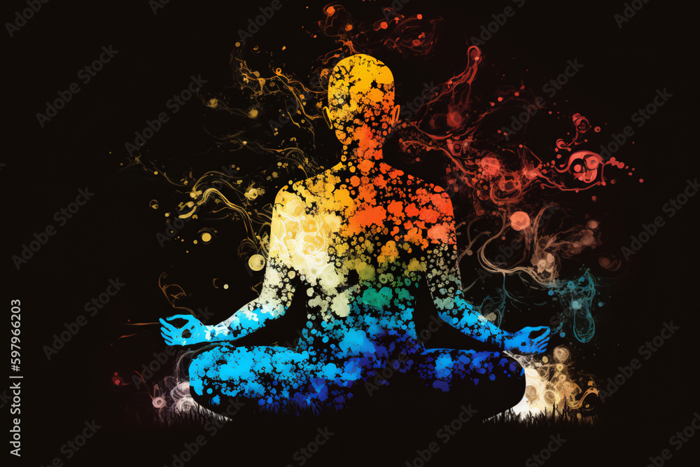 spirituality and chakra concept, silhouette of person meditating, vibrant colors created with Generative AI spirituality and chakra concept, silhouette of person meditating, vibrant colors created with Generative AI