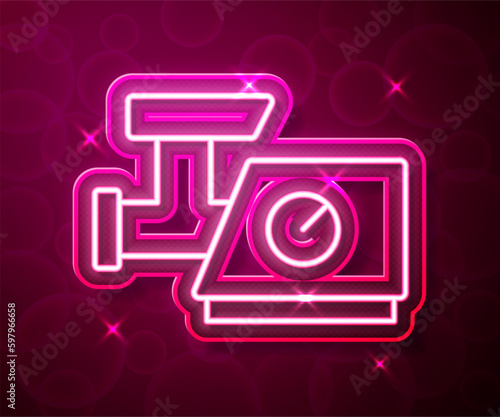 Glowing neon line Kitchen meat grinder icon isolated on red background. Vector