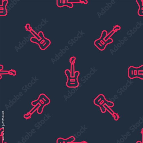 Red line Electric bass guitar icon isolated seamless pattern on black background. Vector