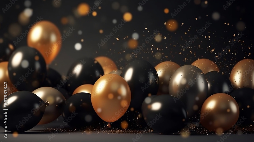 A romantic illustration of message for New Year, Golden and black balloons and confetti, abstract love creations. Blurry background, template, Bokeh, Generative AI A romantic illustration of message for New Year, Golden and black balloons and confetti, abstract love creations. Blurry background, template, Bokeh, Generative AI