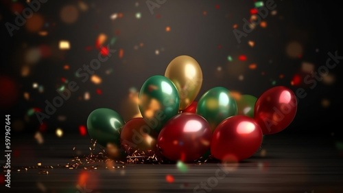 A romantic illustration of message for Party, Golden, green and red balloons and confetti, abstract love creations. Blurry background, template, Bokeh, Generative AI